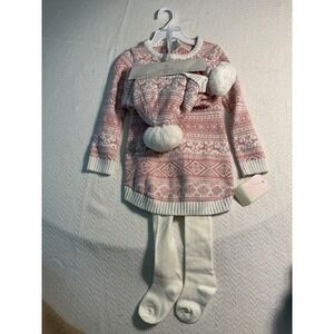Aspen Kids Sweater Dress Hat Tights Set Pink White Fair‎ Isle Holiday Outfit